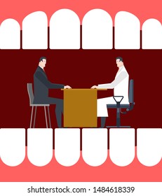 Miniature Dentist in mouth. cleaning tooth vector illustration
