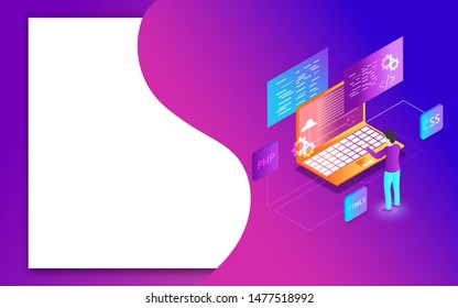 Miniature developer working on laptop with different coding language signs on purple background for Web Development concept based isometric design.