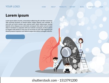 Miniature doctors study and treat large human lungs. Vector concept of medical pulmonological care one sided normal lung and the other side with the smokers lung in dark color. page, website, app, ban