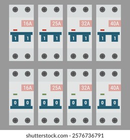 Miniature double pole circuit breaker set rated 10 to 40 Amperes. Flat style vector illustration. EPS10