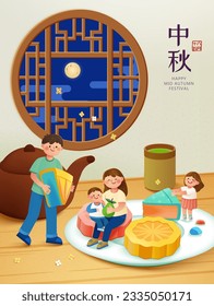 Miniature family having delicious mooncakes. Traditional window frame in the background overlooking serene night sky with full moon. Translation: Mid Autumn Festival. August 15th.