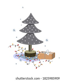 Miniature felt fir tree, Christmas gift box, and bright lights on white background. Holiday greeting card, cartoon vector illustration.