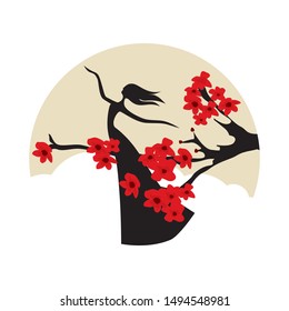miniature female figure and blossom tree branch, vector 