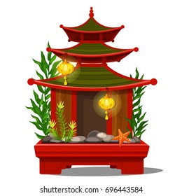 Miniature figurine in the shape of the red pagoda isolated on a white background. The interior decor in Oriental style. Vector cartoon close-up illustration.