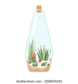 Terrario floral en miniatura con cactus, suculento, musgo, hojas tropicales sobre fondo arenoso. Mini jardín en botella de vidrio con corcho. Florario artesanal. Ilustración aislada del vector. 