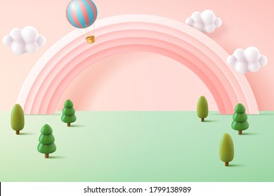 Miniature forest background in pastel tone, decorated with cute pink rainbow and hot air balloon, 3d illustration