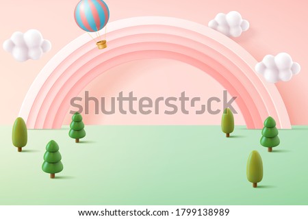 Miniature forest background in pastel tone, decorated with cute pink rainbow and hot air balloon, 3d illustration