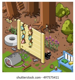 Miniature garden scene close to the woods with cat watching mouse, isometric view