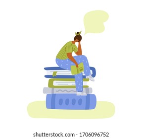 Miniature girl read book and dreams - home activities or hobby and literature fans concept, people read and study, flat cartoon textured characters isolated on white - vector illustration