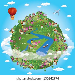 Miniature globe. Vector. Various landscapes like mountain, beach, ocean, town, city, woods and also transports and communications.