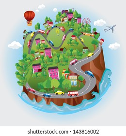 Miniature globe. Vector. Various landscapes like mountain, beach, ocean, town, city, woods and also transports and communications.