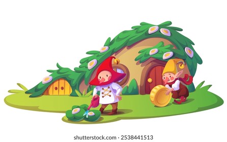 Miniature gnomes in garden near magical house covered in flowering vines. Cute cartoon dwarf waters blooming plants, rolls golden coin. Fairytale cottage with wooden doors beneath foliage canopy.