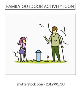 Miniature golf color icon. Father and daughter playing mini golf game in park. Summer outdoor activity for happy family concept. Parents and kids. Isolated vector illustration