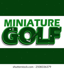 Anuncio deportivo de evento de día de golf en miniatura. Un mini golf formado a partir de la palabra GOLF con la pelota y el palo para celebrar el 21 de septiembre