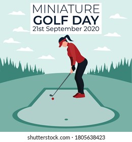 miniature golf day - a women playing golf - colorful flat illustrations 