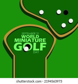 Miniature golf game with golf balls and bold text on green background to celebrate Miniature Golf Day on September 21