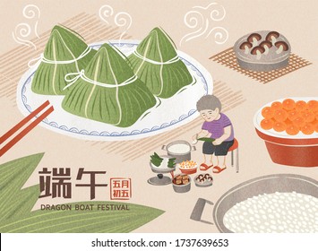 Miniature grandma wrapping rice dumplings for holiday surrounded by ingredients, Dragon boat festival on May 5th written in Chinese words
