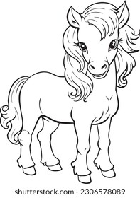 Miniature horse: vector line art cartoon style for coloring