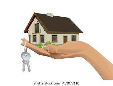 Miniature house building on hand with keys