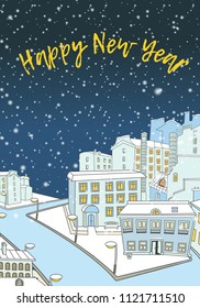 Miniature houses with drain pipe. Vector illustration with buildings of Saint-Petersburg. Snowy.