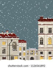 Miniature houses with drain pipe. Vector illustration with buildings of Saint-Petersburg. Snowy.