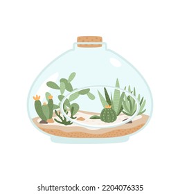 Miniature indoor garden with cactus, succulents, tropical leaves. Floral terrarium with sand and desert plants. Florarium in bottle with cork. Vector isolated illustration.