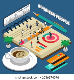 Miniature isometric concept with business people talking on phone daily planner credit cards and cup of coffee 3d vector illustration