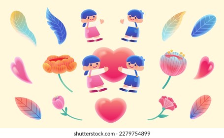 Miniature kids and flowers set isolated on cream color background. Including children, leaves, flowers, and hearts. Suitable for holiday like mother's day, children's day.