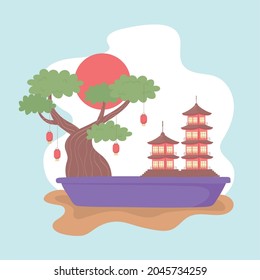 miniature landscape japan bonsai and pagoda