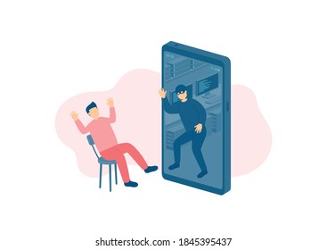 Miniature man tiny people victim of cybercrime online hacker, Smartphone malware application concept design Poster or social banner illustration on white background with copy space, vector