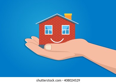 Miniature Model Smiling House Resting On Female Hand. Vector Illustration