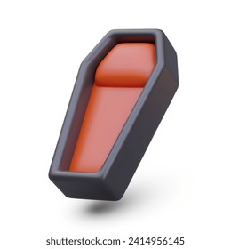 Miniature open black-red coffin on white background. Open place for human burial. Halloween object concept. Vector illustration in 3d style with shadow