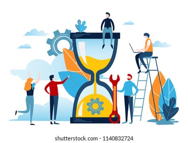 miniature people with big clock sand. Time management concept. Business illustration vector graphic design.