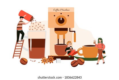 Miniature people funny characters in coffee shop drinking and decorating hot drinks and sitting on big coffee machine, flat cartoon vector illustration white background