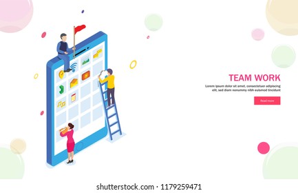 Miniature people maintain mobile data together on abstract background. Responsive web template design for Teamwork concept.