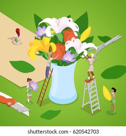 Miniature People Making Bouquet of Flowers. Florist Shop. Isometric vector flat 3d illustration