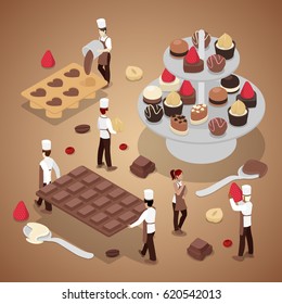 Miniature People Making Chocolate Candies. Sweet Food Production. Isometric vector flat 3d illustration