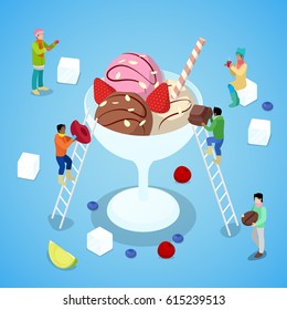 Miniature People Making Ice Cream with Chocolate and Strawberry. Isometric vector flat 3d illustration