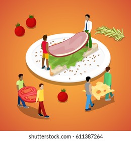 Miniature People Making Sandwich with Ham and Cheese. Healthy Food. Vector flat 3d isometric illustration