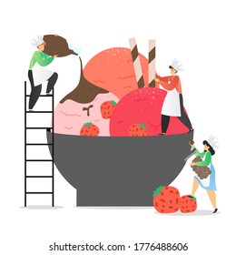 Miniature people male and female characters making delicious ice cream with strawberry and chocolate, vector flat illustration. Ice cream production and selling concept for poster, banner etc.