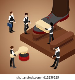 Miniature People Polishing Shoe. Isometric vector flat 3d illustration