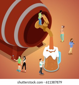 Miniature People Pouring Beer from Wooden Barrel. Vector flat 3d isometric illustration