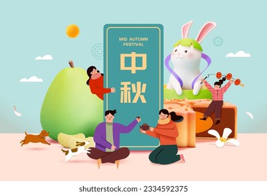 Personas en miniatura y cachorros alrededor de la torta de luna, conejo jade con sombrero de pomelo y flor de osmanthus sobre fondo azul claro. Traducción china: Festival de Mediados de Otoño.