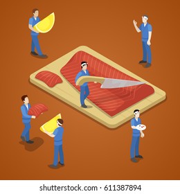 Miniature People Slicing Salmon Fish. Sea Food. Vector flat 3d isometric illustration