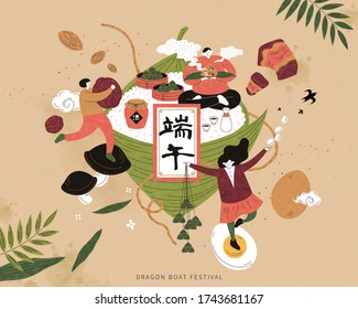 Miniature people standing and sitting on zongzi ingredients, Dragon boat festival and wine written in Chinese calligraphy