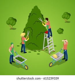 Miniature People Trimming Tree. Gardener Working. Isometric Vector Flat 3d Illustration