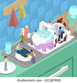 Miniature People Washing the Dishes in the Kitchen. Vector flat 3d isometric illustration