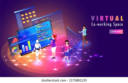 Miniatura de personas que trabajan en el mismo proyecto en lugares distantes para el diseño de plantillas Web basadas en el concepto de Virtual Co-Working Space.