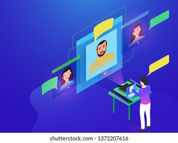 Miniature people working on same project at distant place and talking together from video conferencing concept based web template design.