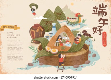 Miniature people wrapping zongzi upon bamboo steamer and floating on river, Happy Dragon Boat Festival and May 5th written in Chinese words